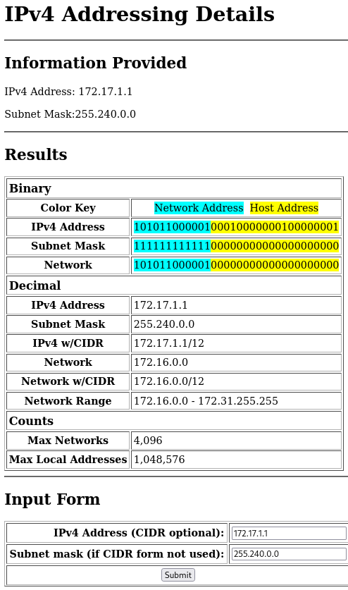 Screenshot of IPv4 address calculator main screen